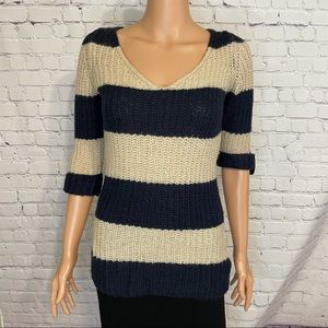 Pink Rose size small Very Soft Mid Sleeve Blue and Tan V-Neck Sweater